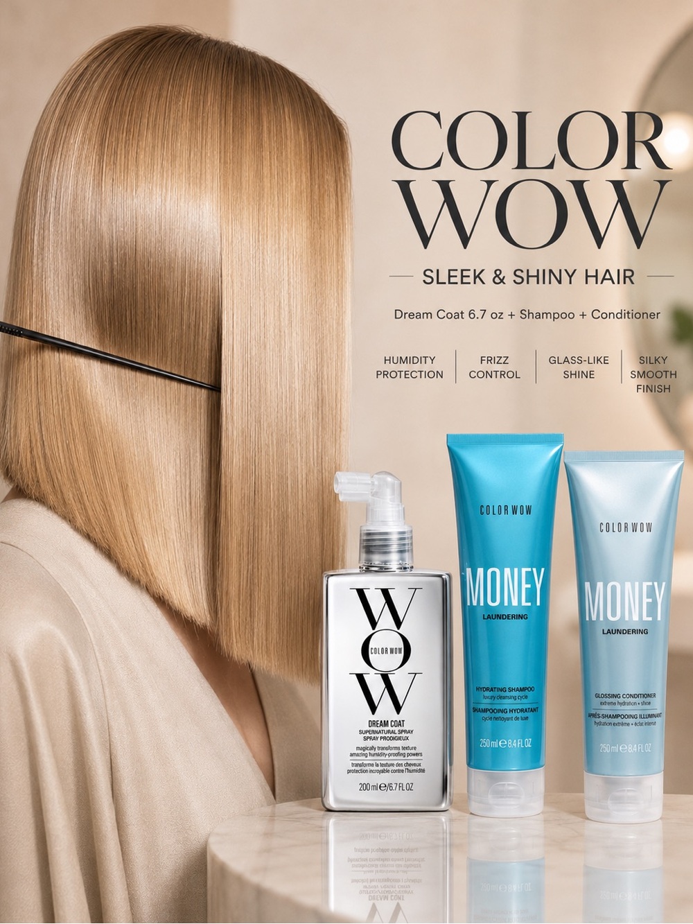 Color Wow Sleek & Shiny Hair Set – Money Shampoo, Conditioner + Dream Coat